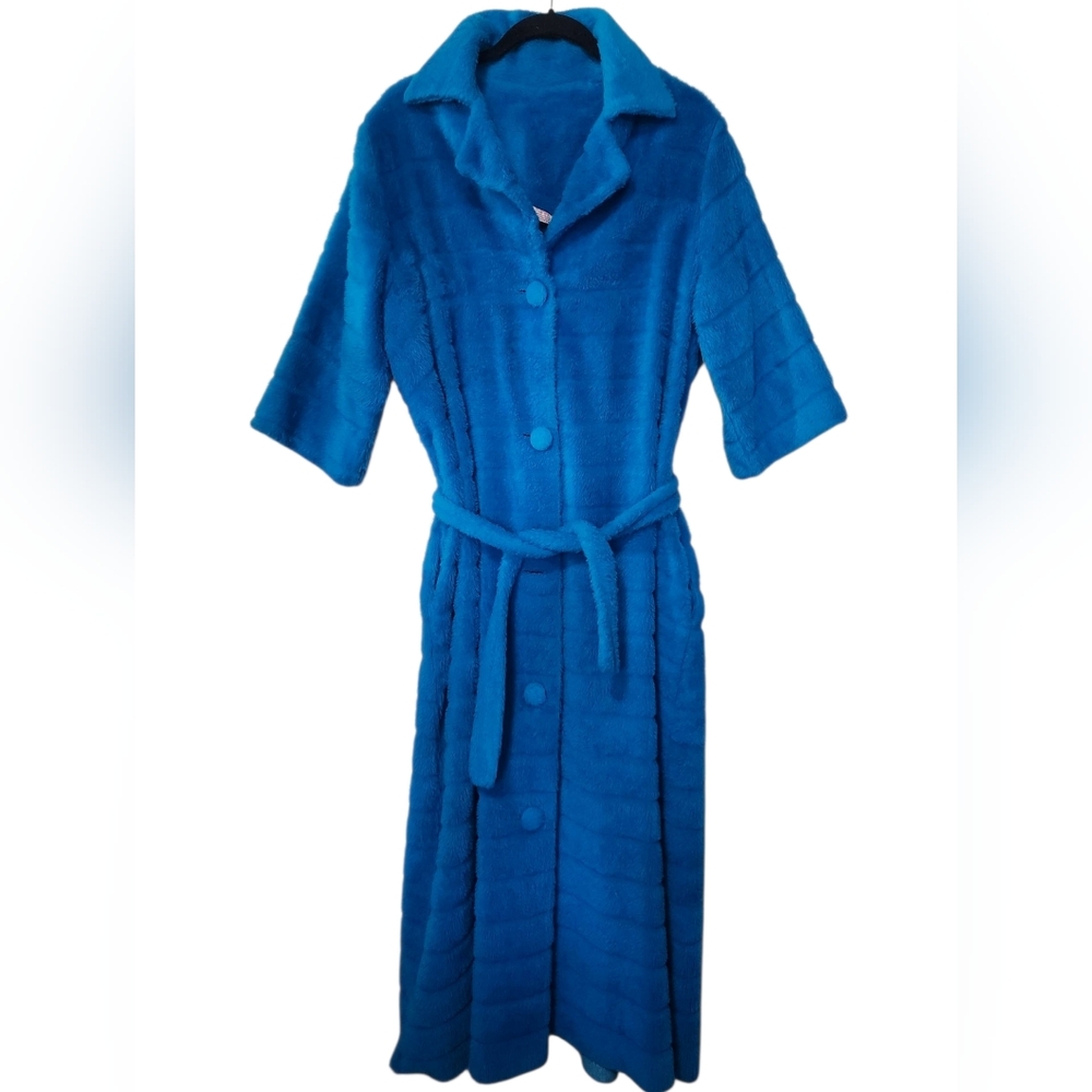 Vintage Carol Brent Montgomery Ward Turquoise Blue Plush Bathrobe Medium